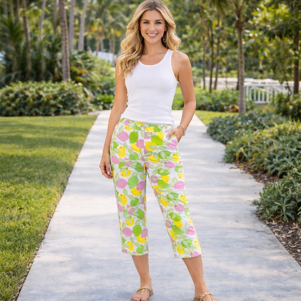 Lilly Pulitzer Pink Yellow Green Lemon Print Crop Capris